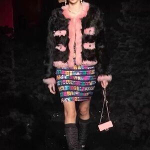 100% luxury Chic Black and Pink Real lambswool Fur Jacket